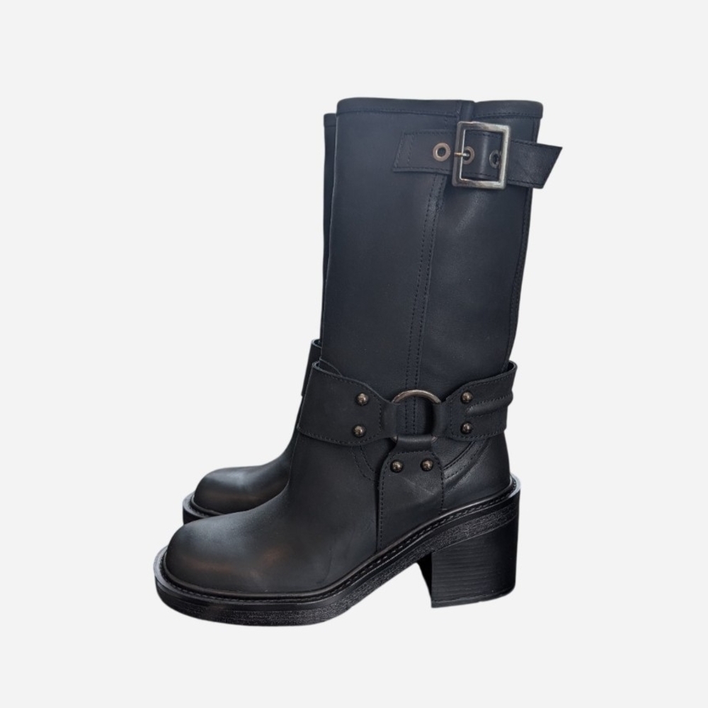 Aqua Black Combat Boots with Buckle